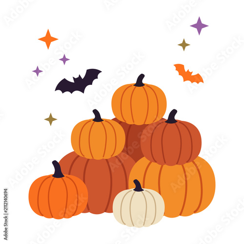 Pile of orange and white pumpkins with flying bats and stars for autumn decor in flat vector style