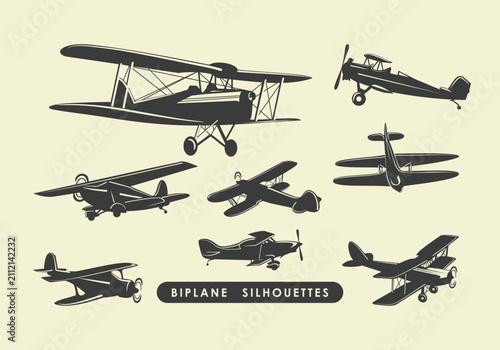 Foto Vintage biplane silhouettes seamless pattern retro airplane vector illustration