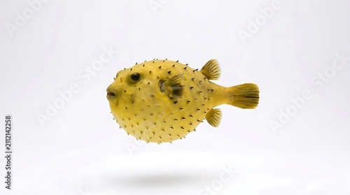 A single yellow pufferfish isolated on a white background.
