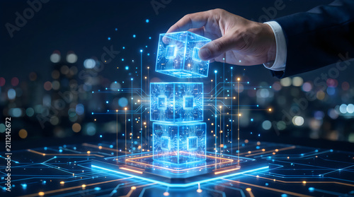 Businessman stacking glowing digital microchip cubes and system integration blockchain technology