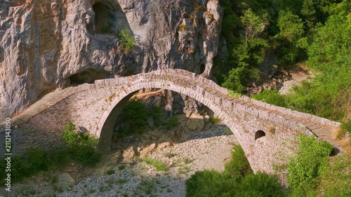 Aerial view of the Kokkorou Stone Bridge in Zagori, Epirus, Greece