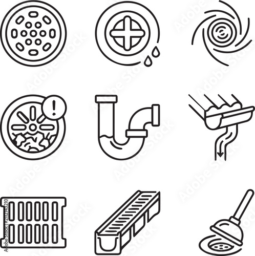 Plumbing and drainage line icons set featuring shower, faucet, drain, sink, pipe, gutter, and clogged drain maintenance symbols in a clean outline vector style.
