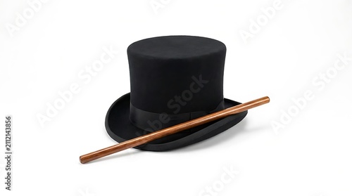 Black magic top hat with wooden wand on white background.