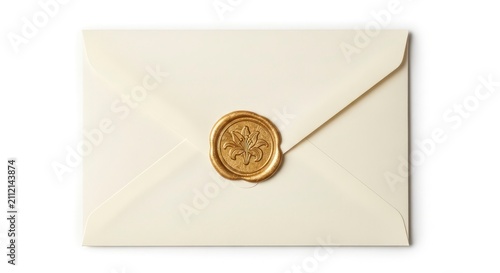 Elegant cream-colored envelope sealed with a golden floral wax stamp, top view on white background