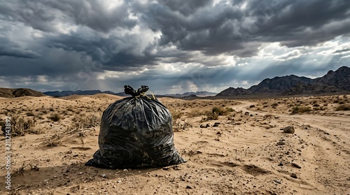 Black trash bag abandoned in a desolate desert landscape under stormy clouds.