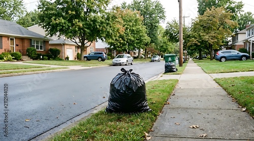 Black trash bag sitting on the grass in a suburban neighborhood.