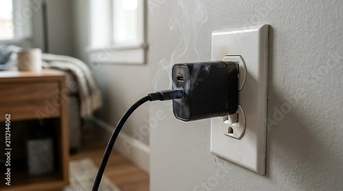 Black wall charger plugged into a white electrical outlet at home.