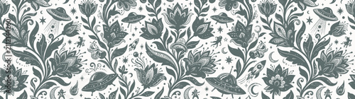 Whimsical floral and celestial UFO pattern