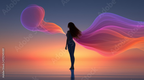 Woman Walking Through Flowing Colors Symbolizing Emotional Journey