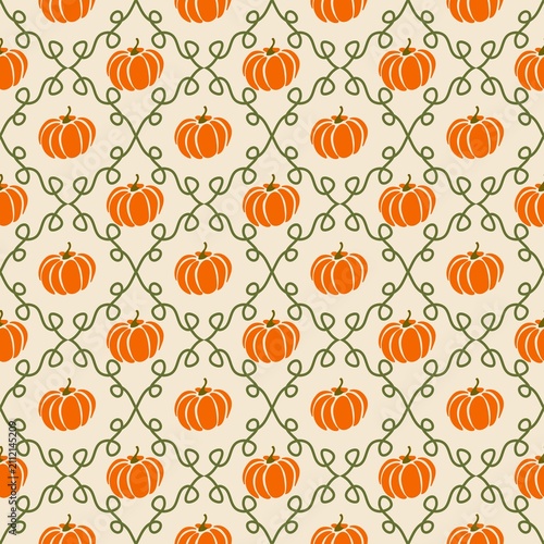 Pumpkin and Curly Vine Seamless Pattern for Autumn Fabric and Wrapping Paper