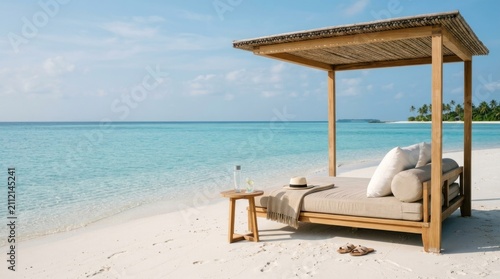 A wooden canopy bed with beige cushions and pillows, overlooking a serene beach with turquoise water and palm trees in the distance.