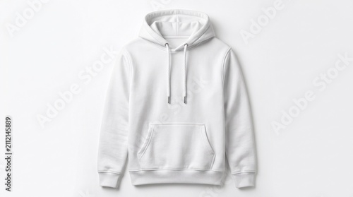A plain white hoodie with a drawstring hood, front pocket, and a plain white background.