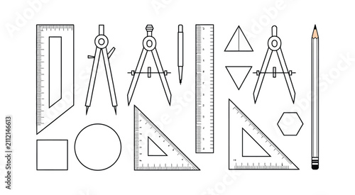 Fotografie Drafting and geometry tool icon set, technical drawing equipment, ruler compass