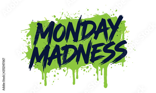Canvastavla Monday madness text with dark blue graffiti lettering on a vibrant neon green pa