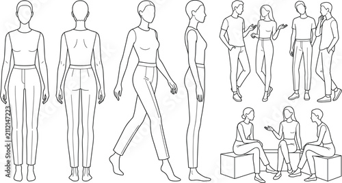 Female Body Views Walking and People Social Interaction Outline Line Art Vector Set