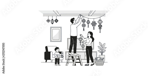 Family Decorating for Lunar New Year Vector Illustration