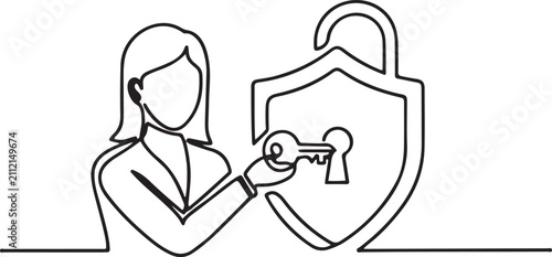 Continuous One Line Drawing of Businesswoman Unlocking Security Shield with Key, Cybersecurity and Data Protection Concept. one line art icon drawing vector