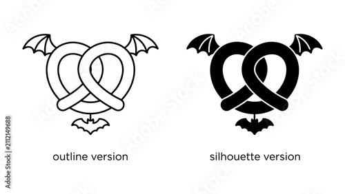 Fotografía Bat Pretzel Icon: A whimsical bat pretzel design presented in both an outline and silhouette version, perfect for adding a touch of dark or playful flair to graphics and designs