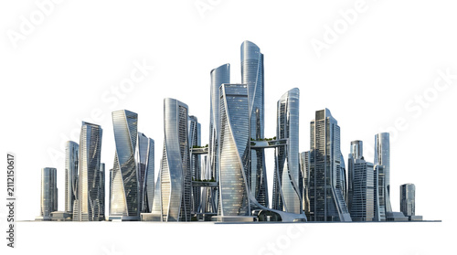 City Skyline Futuristic Skyscrapers Modern city skyline isolated PNG futuristic cityscape with skyscrapers on transparent background urban architecture for design and compositing