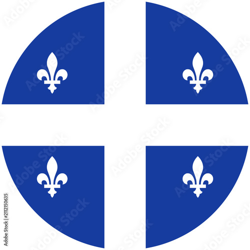 Flag of Quebec province of Canada circle button, badge. Quebec flag icon, sticker in round shape. Flag of region Quebec circular banner, background.