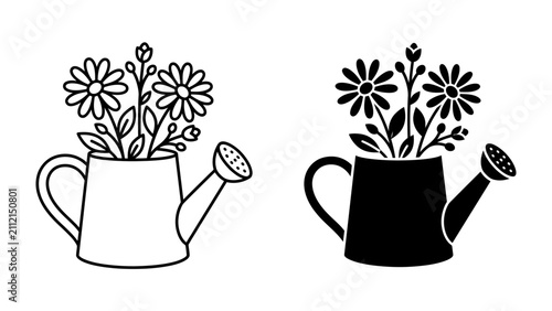Garden Care Duo: A simple, clean illustration featuring two watering cans, one in outline and one in silhouette, both brimming with cheerful daisies and green foliage.