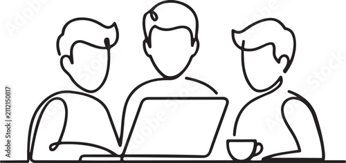 Minimalist One-Line Team Collaboration Drawing: Professional Developers Working Together on Laptop. one line art icon drawing vector