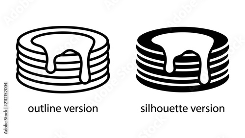 Stack of Pancakes Icons: A clean, minimalist representation of a stack of pancakes with syrup drizzling down, presented in both outline and silhouette versions for versatile graphic design use.