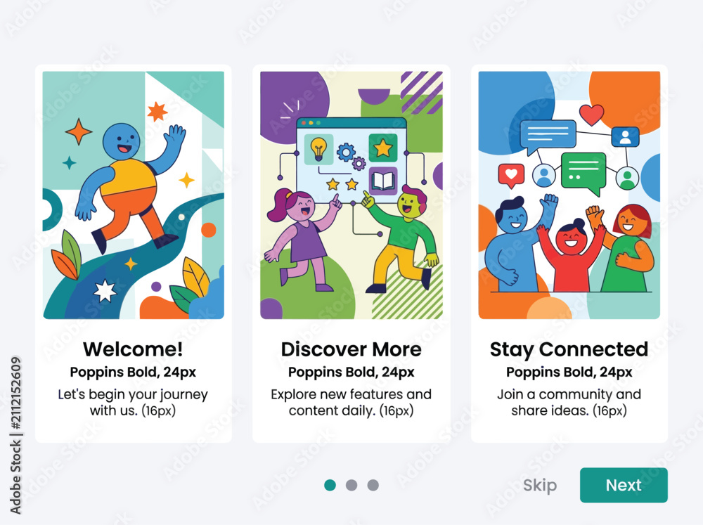 Fototapeta premium Mobile app onboarding screens. UI UX design for welcome, discovery and social connection.