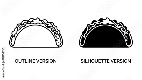 Photography Two Styles of Taco Icon: A clear outline and a bold silhouette of a taco, showcasing versatility for graphic design and food branding