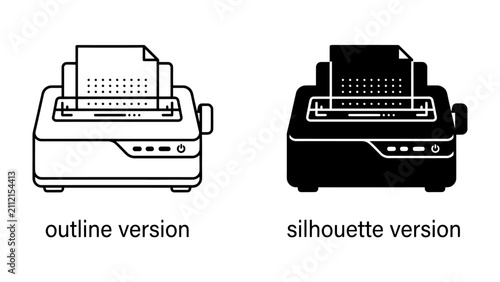 Fotografie Old Printer Icon: A side-by-side comparison shows an outline and a silhouette version of an old-fashioned printer, a classic piece of technology from a bygone era