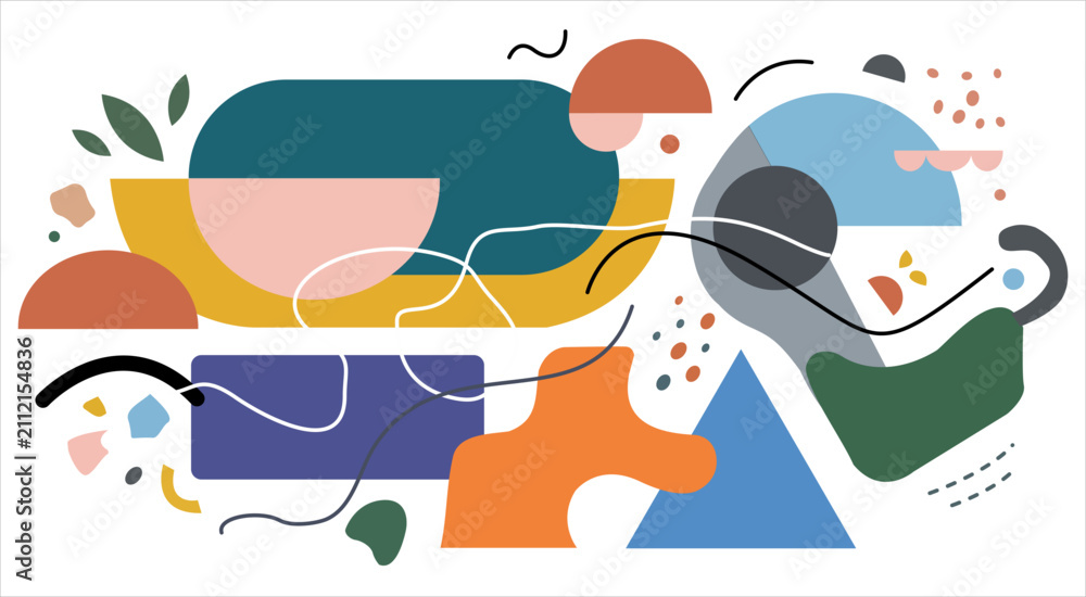 Fototapeta premium Modern abstract collage composition featuring colorful geometric shapes, organic forms, flowing lines, and playful doodles on a white background