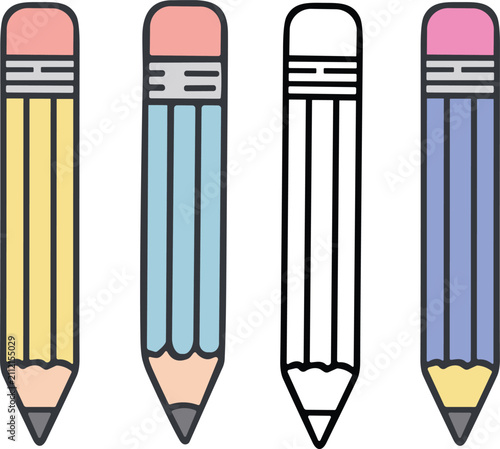 Set of four colorful wooden pencils with erasers isolated graphic illustration