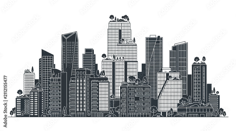Fototapeta premium Modern City Skyline Outline Vector Illustration