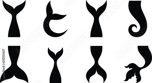 Fotografie Collection of black mermaid tail silhouettes with diverse artistic shapes and de