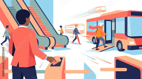 Modern Public Transportation Hub and Commuter Mobility Illustration