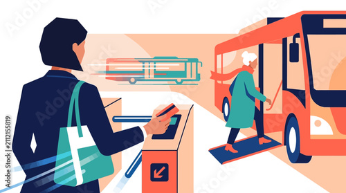 Modern Public Transport Illustration with Smart Payment and Accessible Bus Boarding