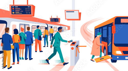 Flat vector illustration of commuters using modern public transit including trains and accessible buses.