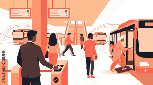 Flat Vector Illustration of Busy Urban Public Transit Hub with Commuters