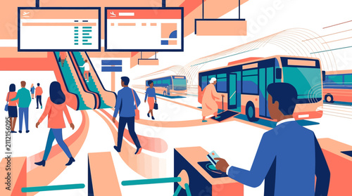 Modern Public Transportation Hub with People, Buses, and Smart Mobility Systems Illustration