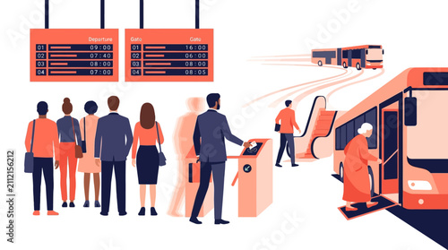 Modern Public Transportation Hub Illustration with Commuters Boarding Bus and Departure Schedules