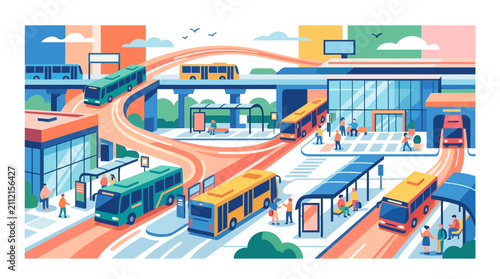Modern Public Transportation Hub and City Infrastructure Flat Vector Illustration