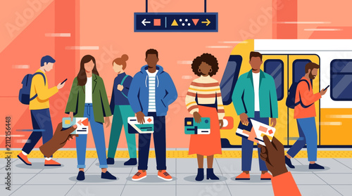 Modern flat vector illustration of diverse commuters at a subway station platform holding travel passes and boarding a train.