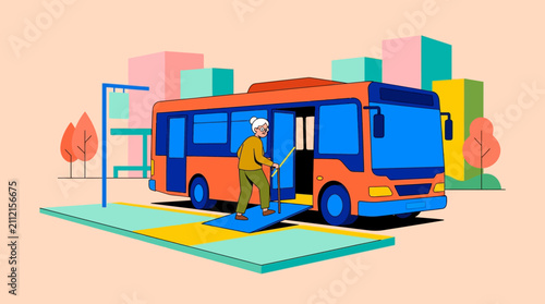 Inclusive Urban Transport: Elderly Woman Boarding Bus via Ramp Illustration