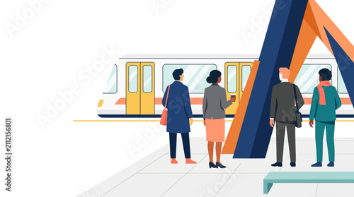 Diverse Business People Waiting for Subway Train on Modern Platform Flat Vector Illustration