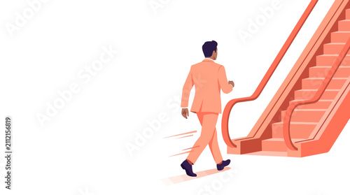 Businessman in Peach Suit Walking Toward Escalator for Career Growth Concept