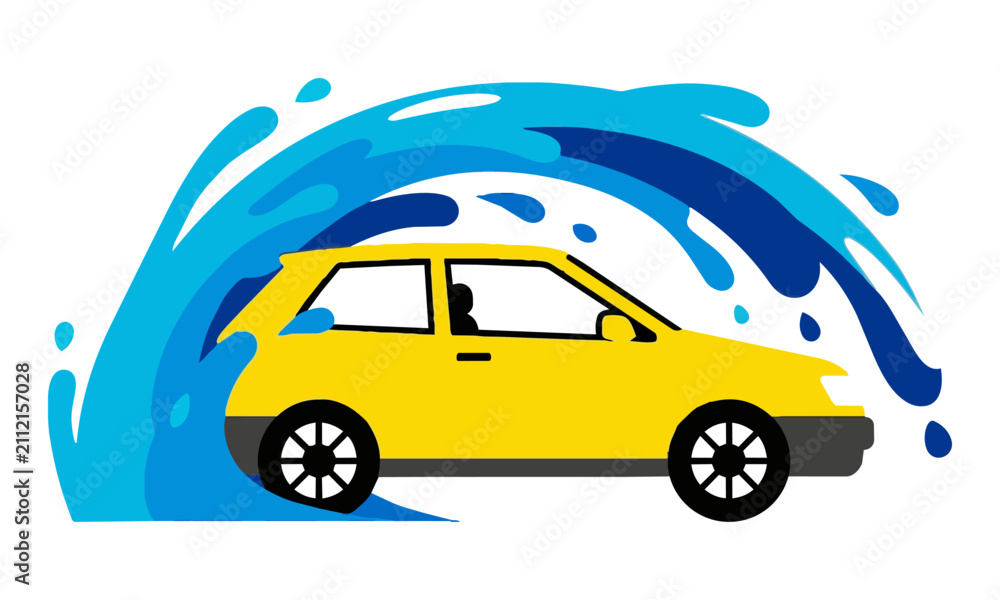 Obraz premium Minimalist yellow hatchback car driving through a blue water splash on a white background. Car wash concept