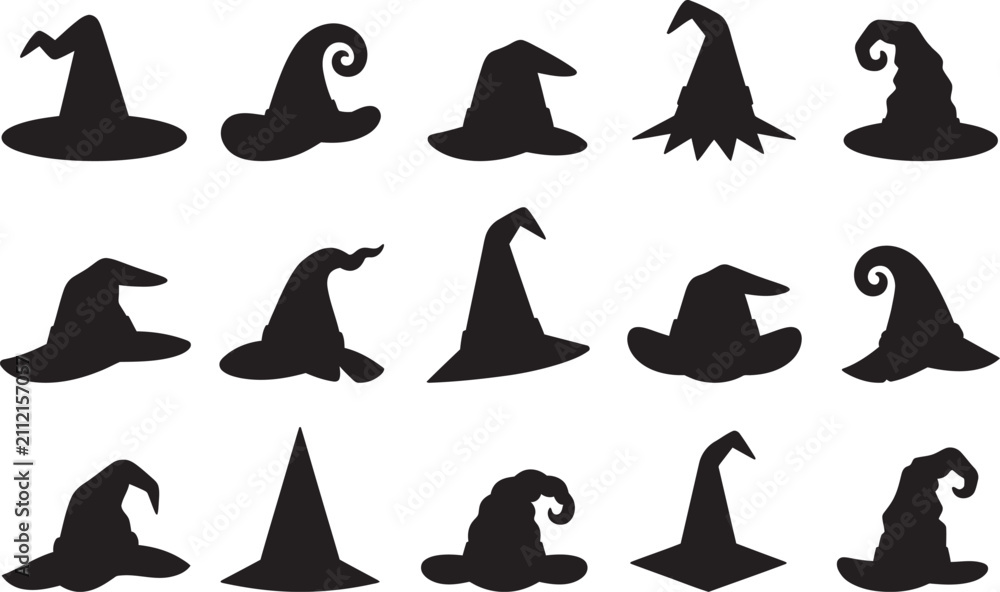 Obraz premium Halloween witch hats in black color with halloween, illustration