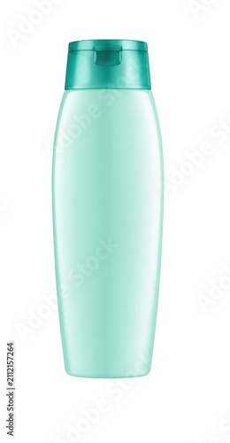 Minimalist teal shampoo bottle with flip-top cap on white background