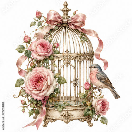 Elegant vintage birdcage decorated with blooming pink roses, silk ribbons, and a charming little bird. Romantic shabby chic illustration isolated on a white background, perfect for wedding, spring, an