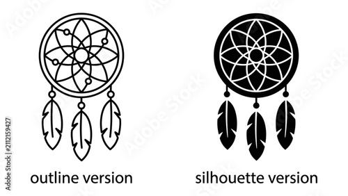 Fotografie Dreamcatcher Outline and Silhouette: Two dreamcatchers, one in outline and one in silhouette, adorned with feathers, representing protection and spiritual well-being
